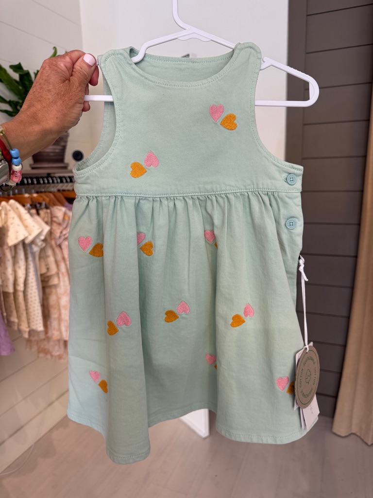 Stella Mccartney Kids Mint Green Toddler Dress With Pink & Mustard Heart Embroid